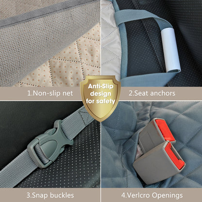 Grey quilted dog car seat cover with adjustable seat anchors and snap buckles