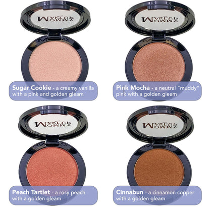 Eyes and cheeks powder compact shades shown in four colors: pink, peach, cinnamon, mocha
