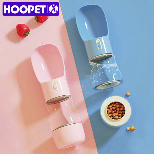 Pet dog water feeder bottle, blue and pink with water and food outlets