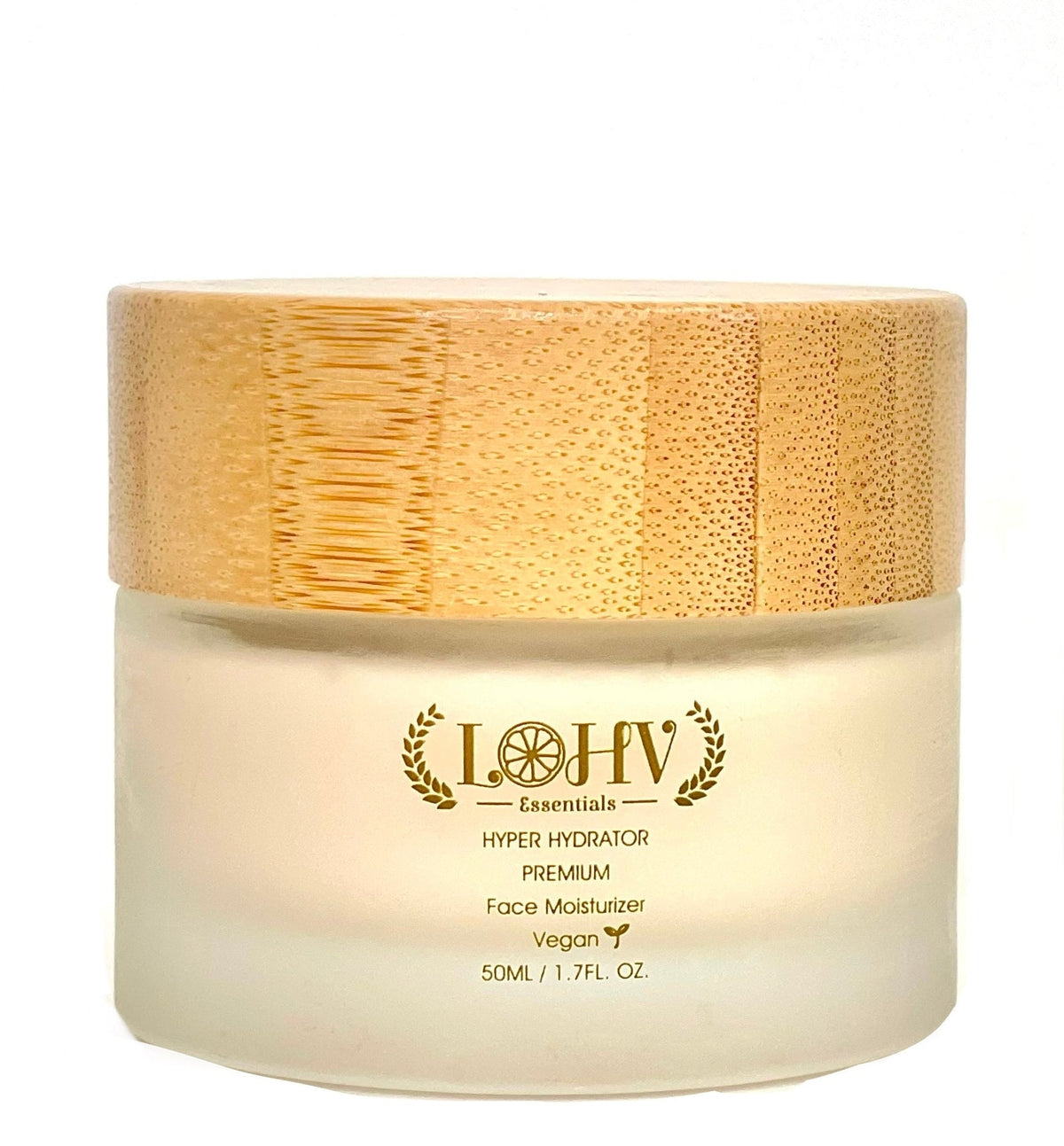 Face moisturizer jar with textured gold lid and creamy white body