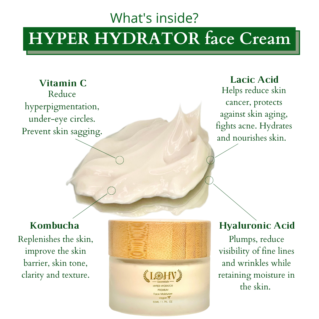 Face cream smear with small moisturizer jar and gold lid, infographic panel