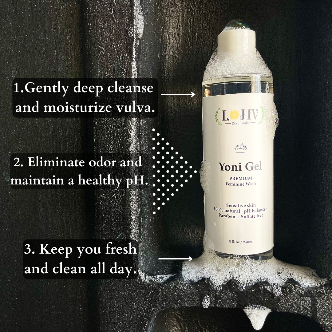 PREMIUM Herbal LOHV YONI GEL pH Balancing Intimate Wash: Eliminate Odor, Cleanse Vulva, Maintain a Healthy pH Balance with Palm Kernel Oil + Rose Oil + Aloe Vera Leaf - Renee Lane Company