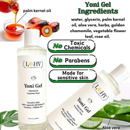 PREMIUM Herbal LOHV YONI GEL pH Balancing Intimate Wash: Eliminate Odor, Cleanse Vulva, Maintain a Healthy pH Balance with Palm Kernel Oil + Rose Oil + Aloe Vera Leaf - Renee Lane Company
