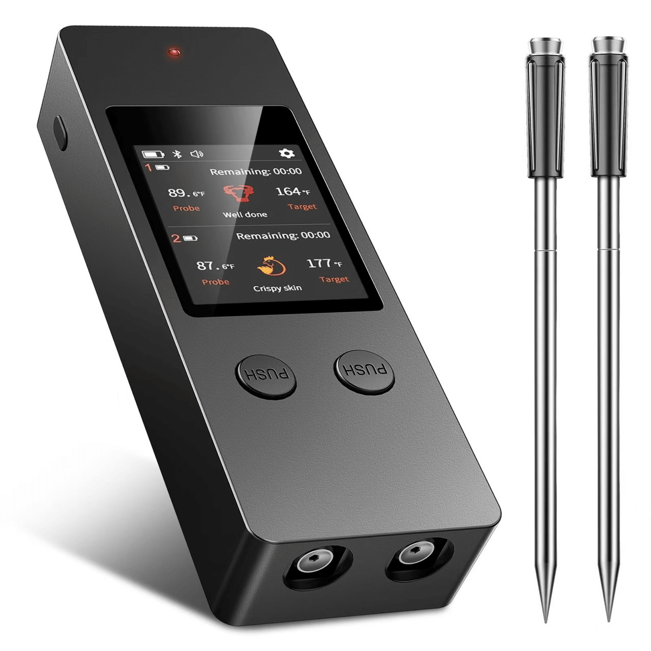PSJX369 BBQ Meat Thermometer-SUS304 Stainless Steel with Bluetooth 5.2 Connectivity (700ft range), 24-hour battery life, 1-second response time. Features probe temperature display and audible alarm. - Renee Lane Company