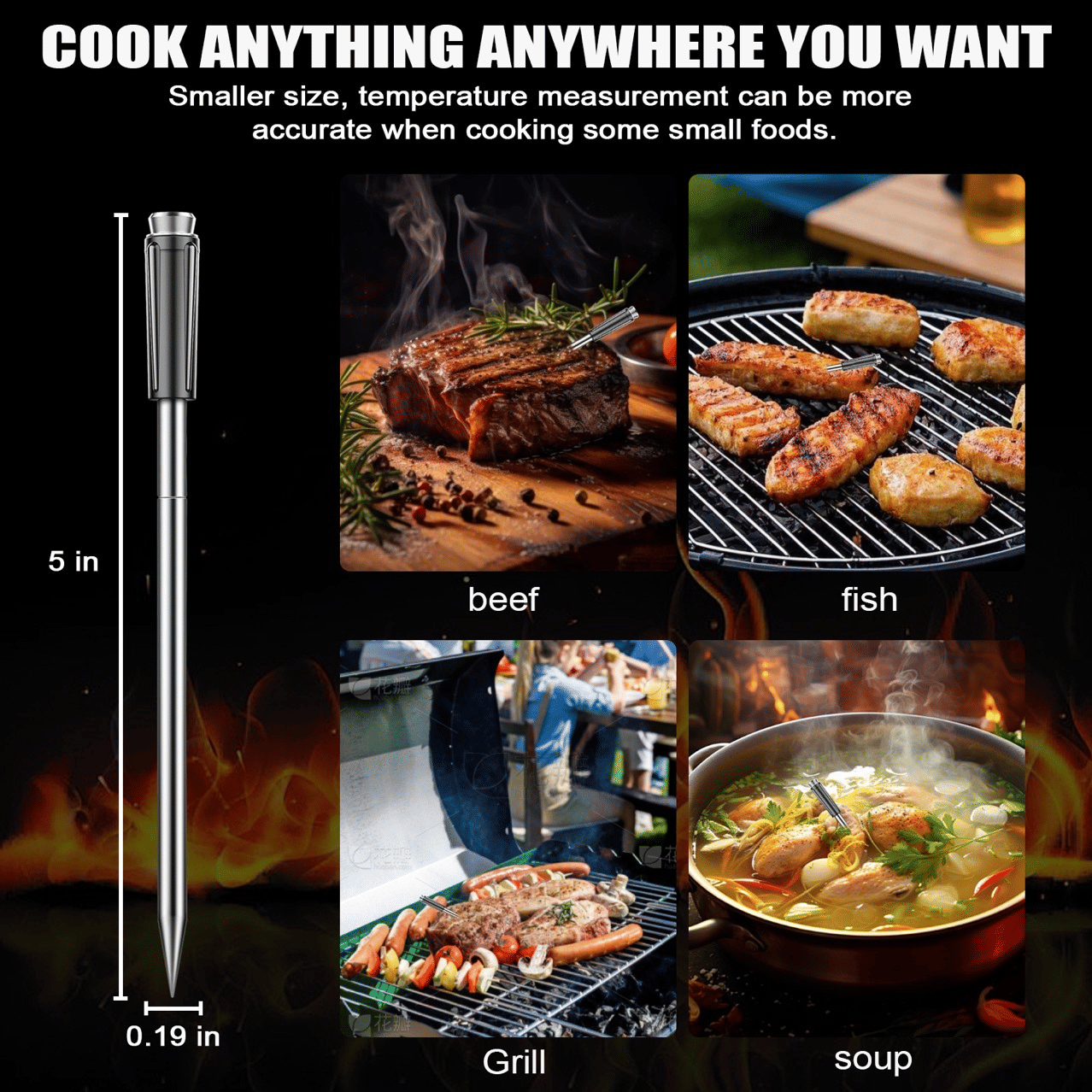 PSJX369 BBQ Meat Thermometer-SUS304 Stainless Steel with Bluetooth 5.2 Connectivity (700ft range), 24-hour battery life, 1-second response time. Features probe temperature display and audible alarm. - Renee Lane Company