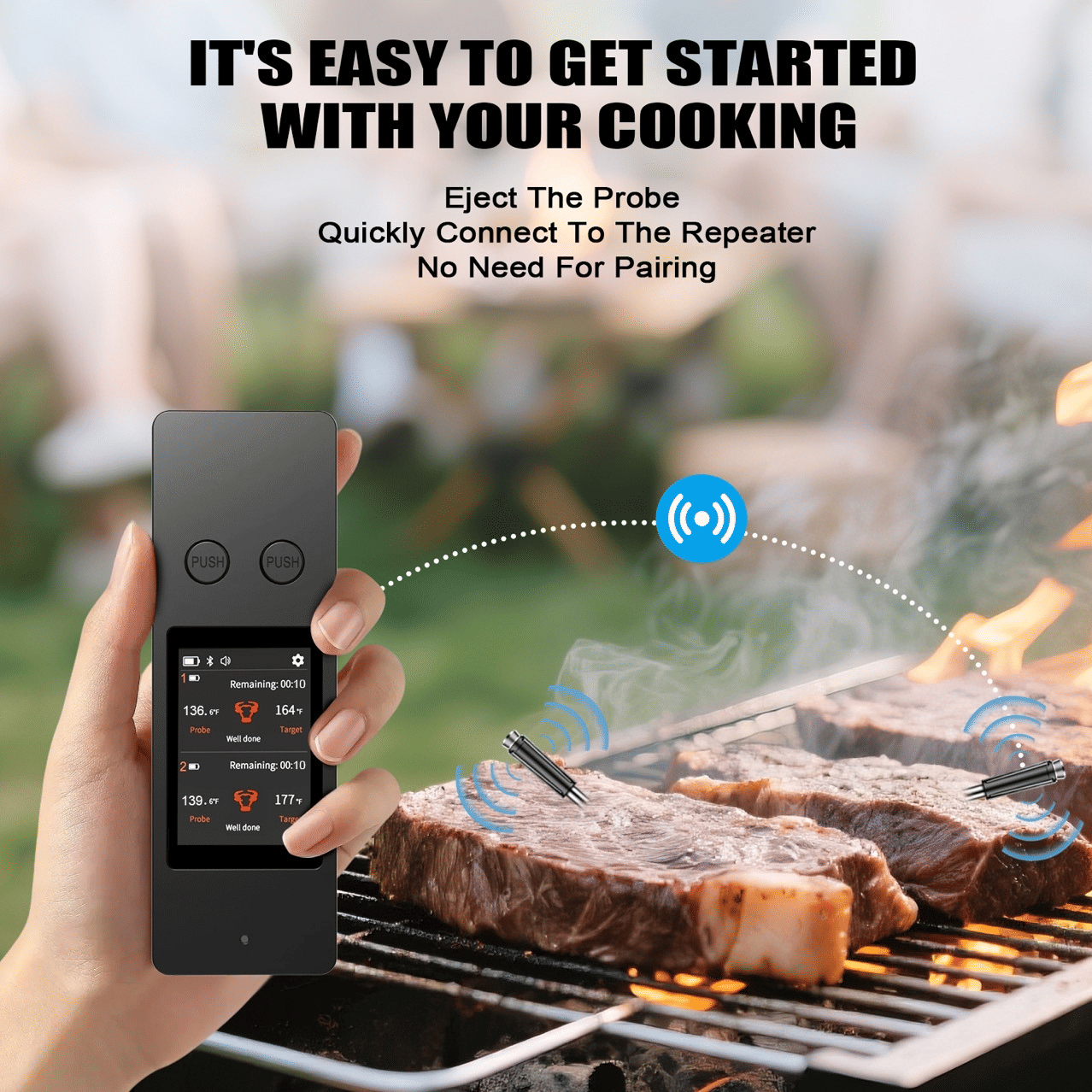 PSJX369 BBQ Meat Thermometer-SUS304 Stainless Steel with Bluetooth 5.2 Connectivity (700ft range), 24-hour battery life, 1-second response time. Features probe temperature display and audible alarm. - Renee Lane Company