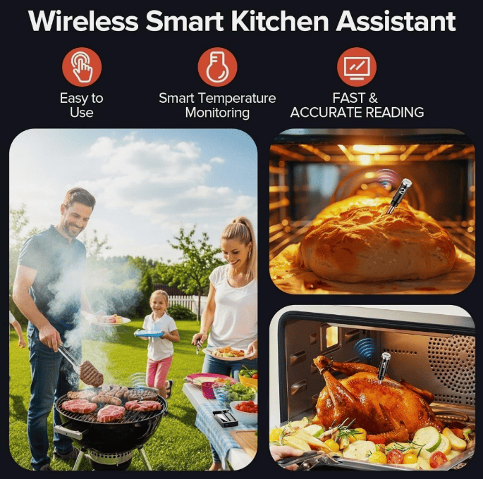 PSJX369 BBQ Meat Thermometer-SUS304 Stainless Steel with Bluetooth 5.2 Connectivity (700ft range), 24-hour battery life, 1-second response time. Features probe temperature display and audible alarm. - Renee Lane Company