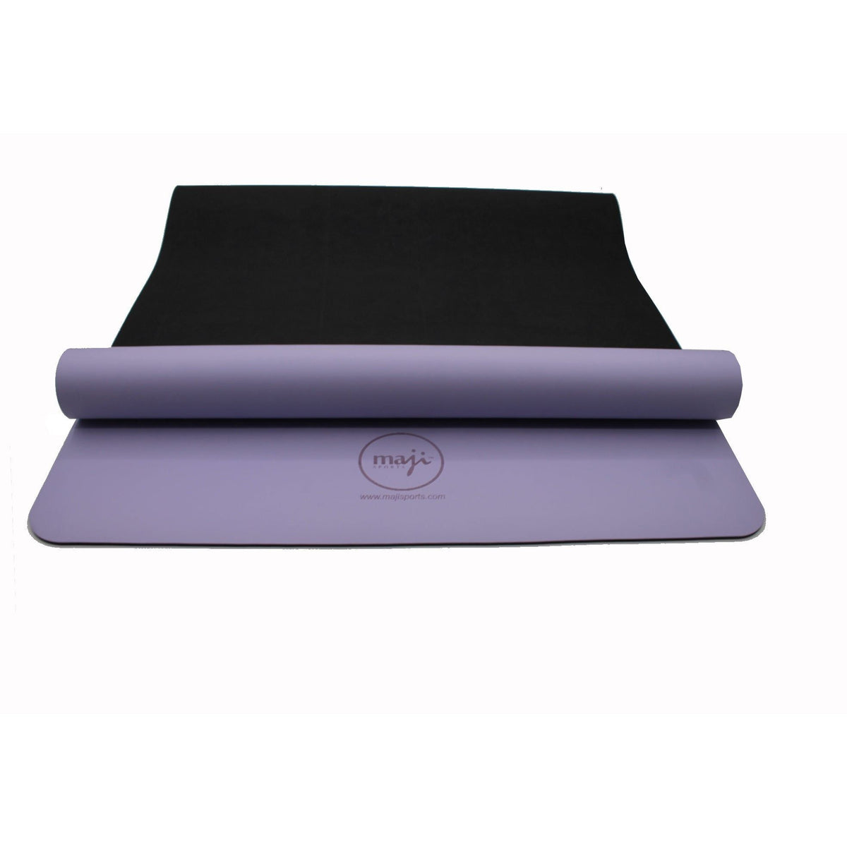 Purple yoga mat laid flat with brand logo on the center