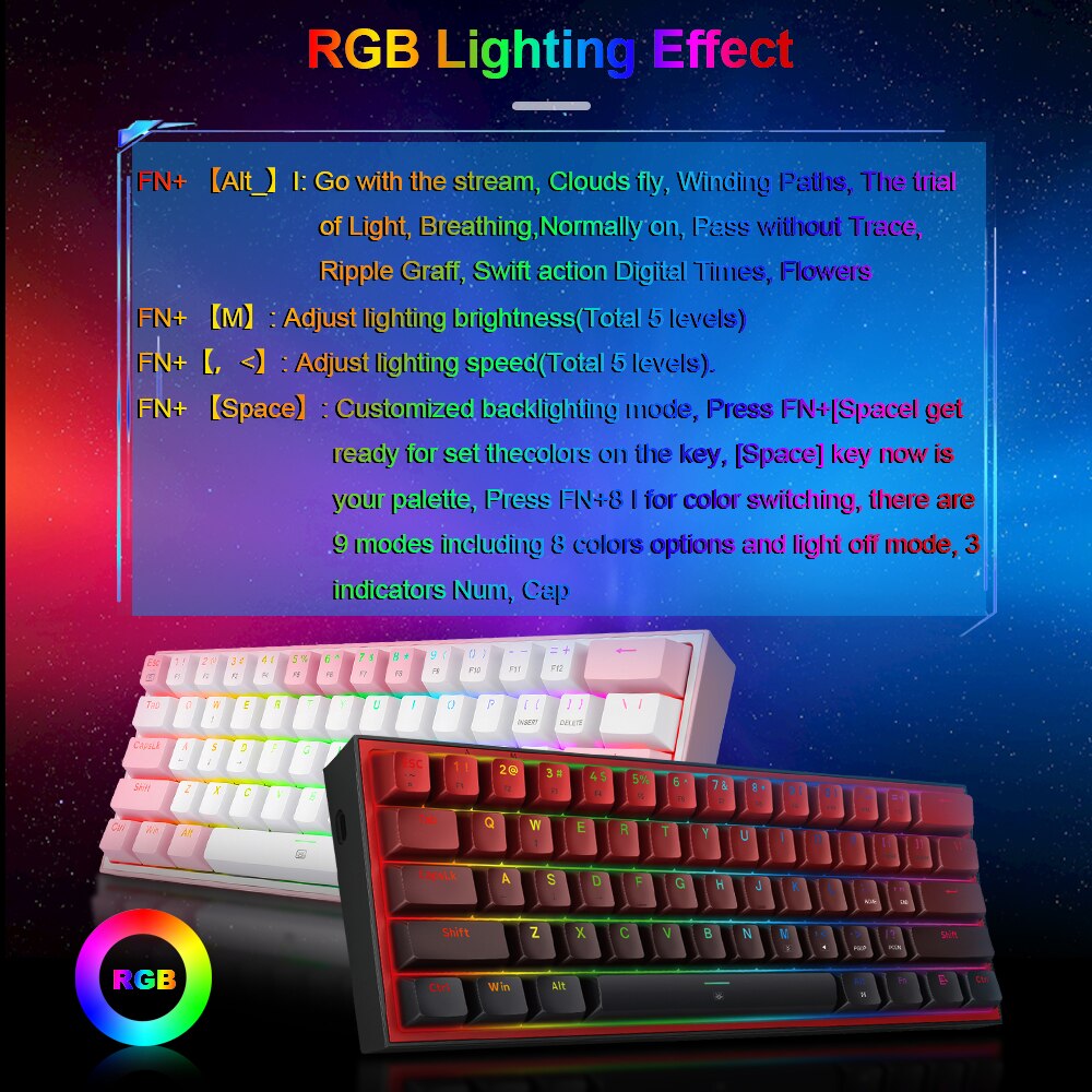 Mini wired gaming keyboard with RGB backlit keys and compact layout