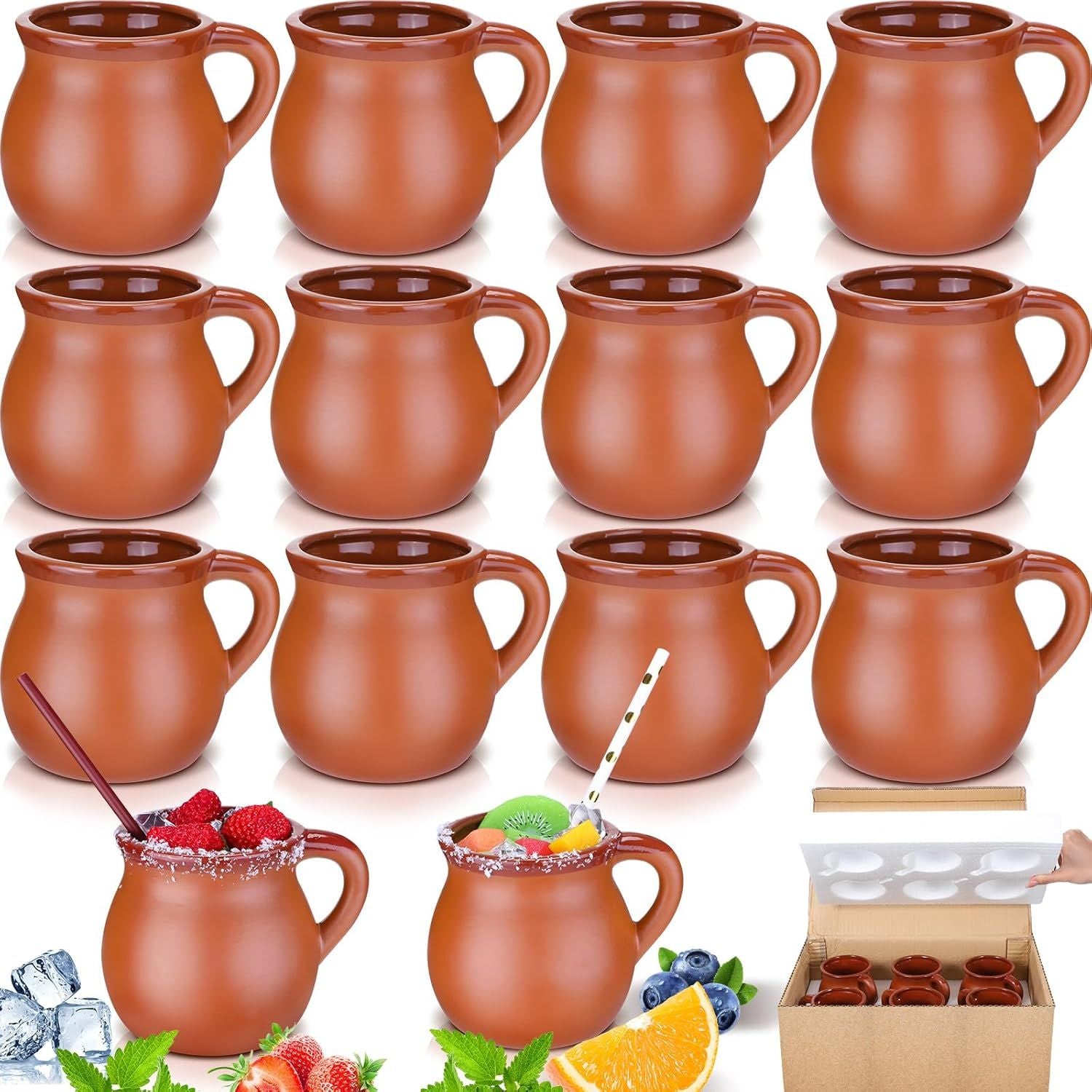Pack of 12 12 oz Cantaritos De Barro Clay Cups Mexican Clay Mugs Fiesta De Barro Mexicanos Coffee Mugs, Cocktail Glasses and Tea Cups for Tequila, Margaritas, Mojitos Cold Hot Drinks (Brick Red) - Renee Lane Company
