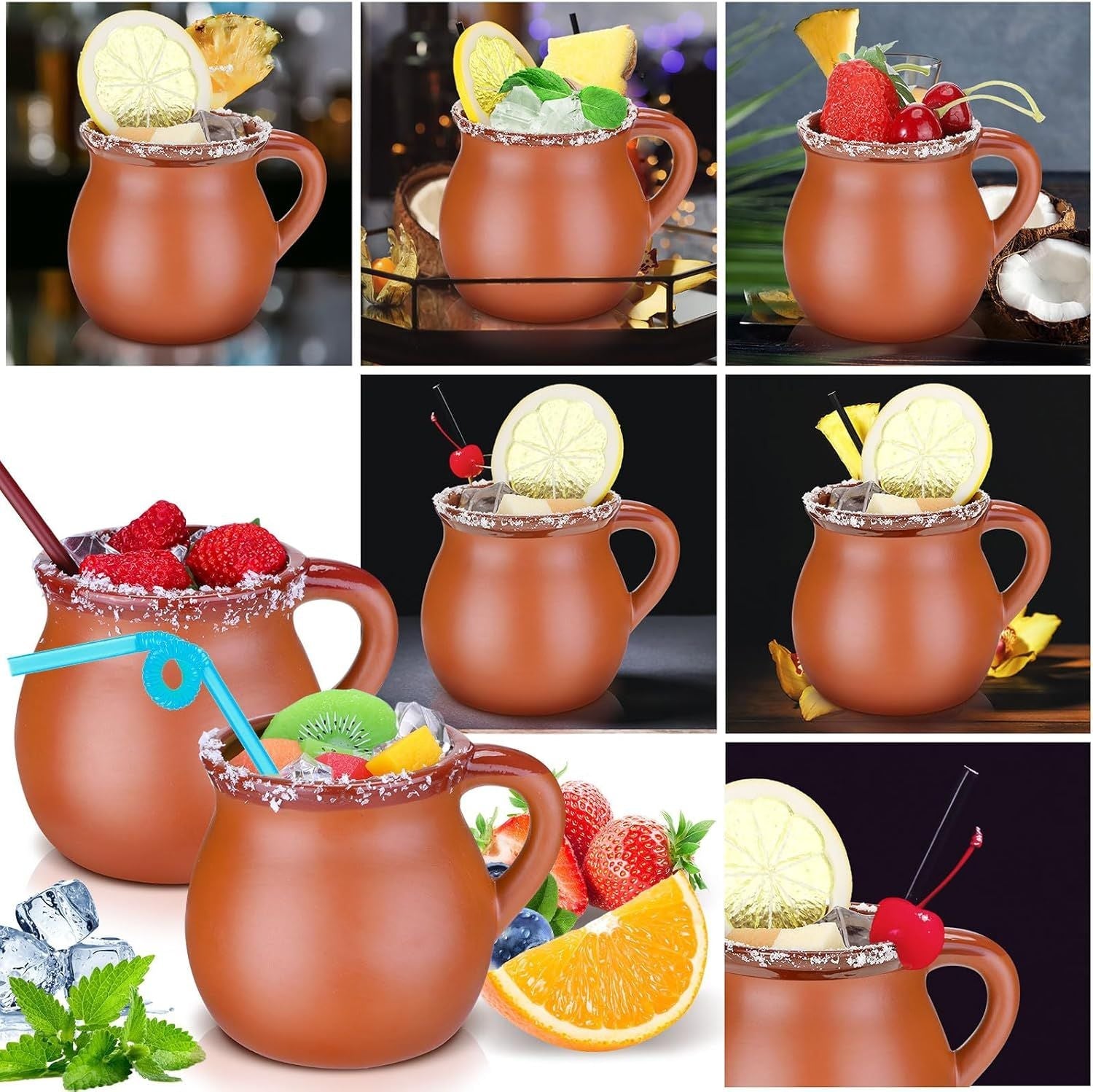 Pack of 12 12 oz Cantaritos De Barro Clay Cups Mexican Clay Mugs Fiesta De Barro Mexicanos Coffee Mugs, Cocktail Glasses and Tea Cups for Tequila, Margaritas, Mojitos Cold Hot Drinks (Brick Red) - Renee Lane Company
