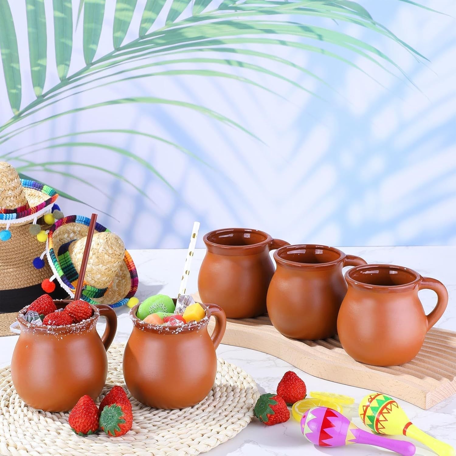 Pack of 12 12 oz Cantaritos De Barro Clay Cups Mexican Clay Mugs Fiesta De Barro Mexicanos Coffee Mugs, Cocktail Glasses and Tea Cups for Tequila, Margaritas, Mojitos Cold Hot Drinks (Brick Red) - Renee Lane Company