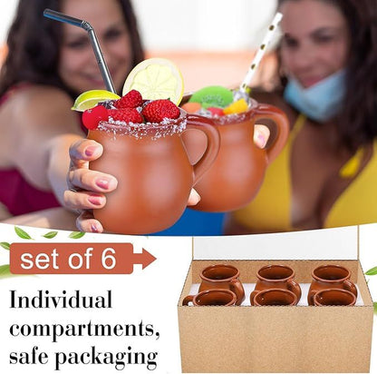 Pack of 6 12 oz Cantaritos De Barro Clay Cups Mexican Clay Mugs Fiesta De Barro Mexicanos Coffee Mugs, Cocktail Glasses and Tea Cups for Tequila, Margaritas, Mojitos Cold Hot Drinks (Brick Red) - Renee Lane Company