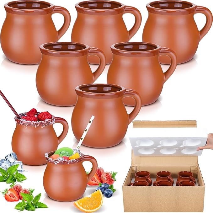 Pack of 6 12 oz Cantaritos De Barro Clay Cups Mexican Clay Mugs Fiesta De Barro Mexicanos Coffee Mugs, Cocktail Glasses and Tea Cups for Tequila, Margaritas, Mojitos Cold Hot Drinks (Brick Red) - Renee Lane Company