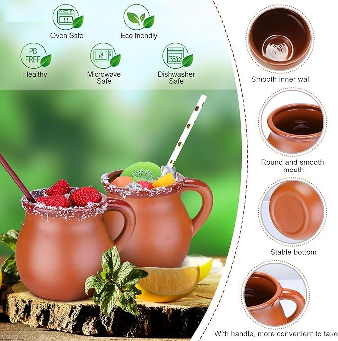 Pack of 6 12 oz Cantaritos De Barro Clay Cups Mexican Clay Mugs Fiesta De Barro Mexicanos Coffee Mugs, Cocktail Glasses and Tea Cups for Tequila, Margaritas, Mojitos Cold Hot Drinks (Brick Red) - Renee Lane Company