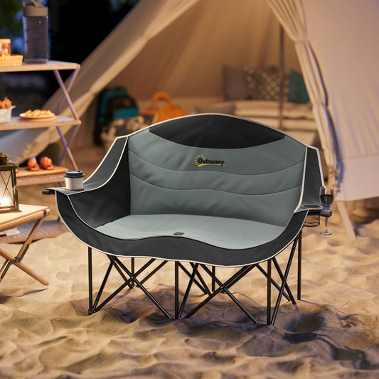 Padded Folding Camp Chair for Adults, Double Camping Chairwith Armrests, Cup Holders, Carry Bag for Outdoor, Black - Renee Lane Company