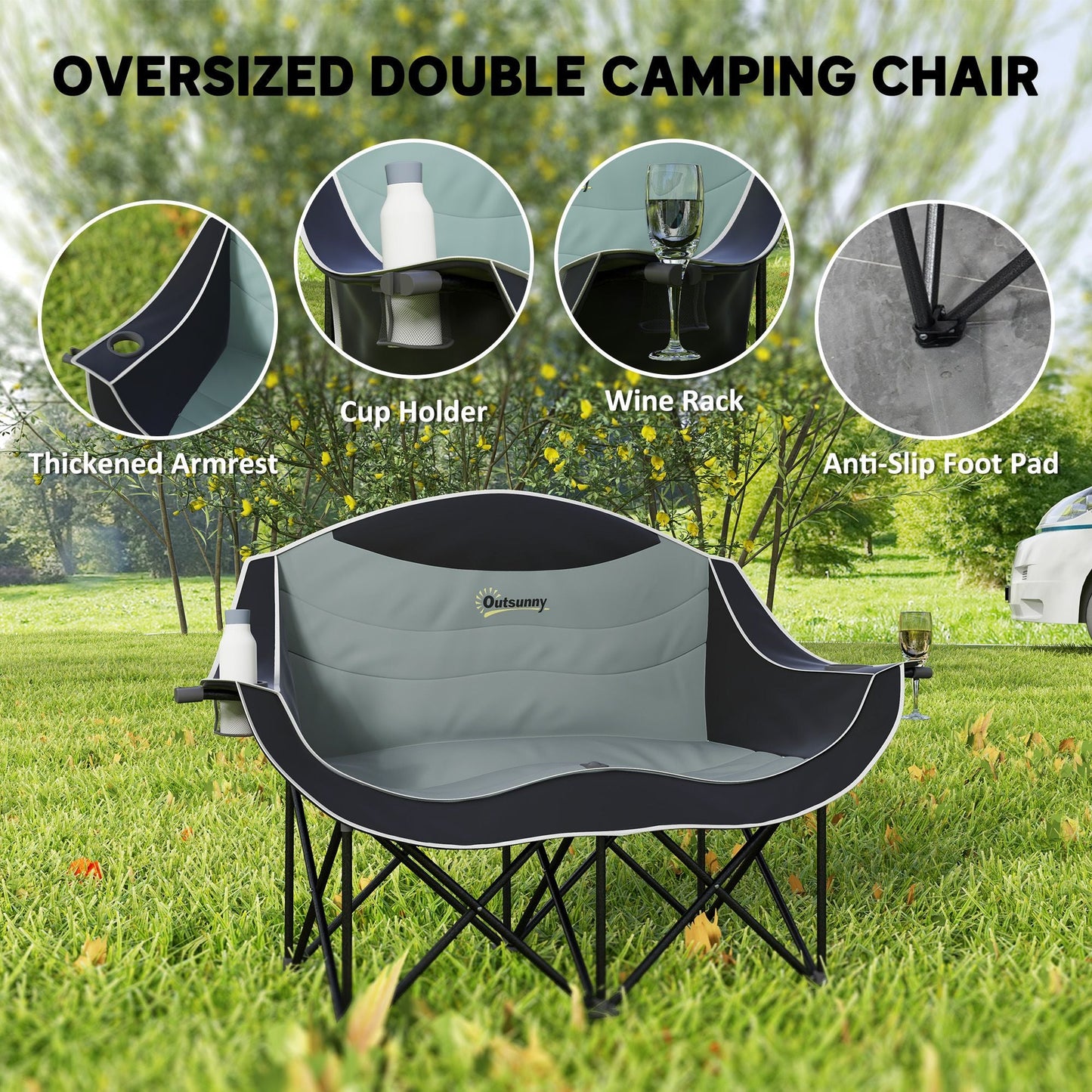 Padded Folding Camp Chair for Adults, Double Camping Chairwith Armrests, Cup Holders, Carry Bag for Outdoor, Black - Renee Lane Company