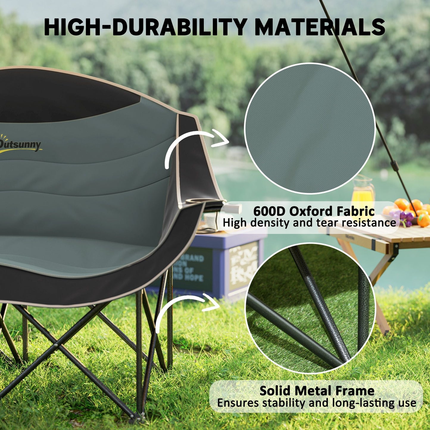 Padded Folding Camp Chair for Adults, Double Camping Chairwith Armrests, Cup Holders, Carry Bag for Outdoor, Black - Renee Lane Company