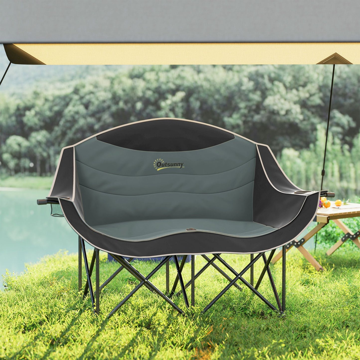 Padded Folding Camp Chair for Adults, Double Camping Chairwith Armrests, Cup Holders, Carry Bag for Outdoor, Black - Renee Lane Company