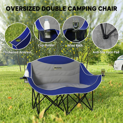 Padded Folding Camp Chair for Adults, Double Camping Chairwith Armrests, Cup Holders, Carry Bag for Outdoor, Blue - Renee Lane Company