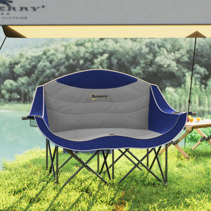 Padded Folding Camp Chair for Adults, Double Camping Chairwith Armrests, Cup Holders, Carry Bag for Outdoor, Blue - Renee Lane Company