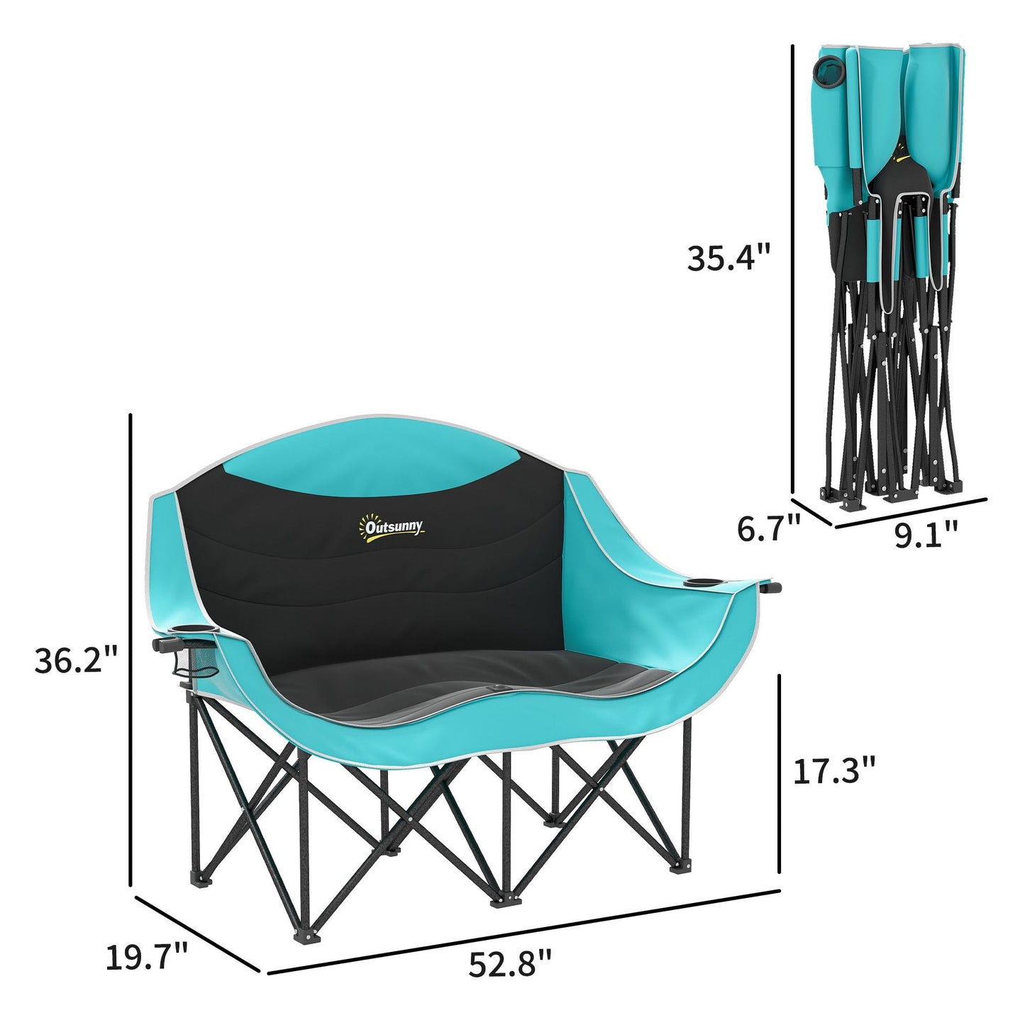Padded Folding Camp Chair for Adults, Double Camping Chairwith Armrests, Cup Holders, Carry Bag for Outdoor, Green - Renee Lane Company