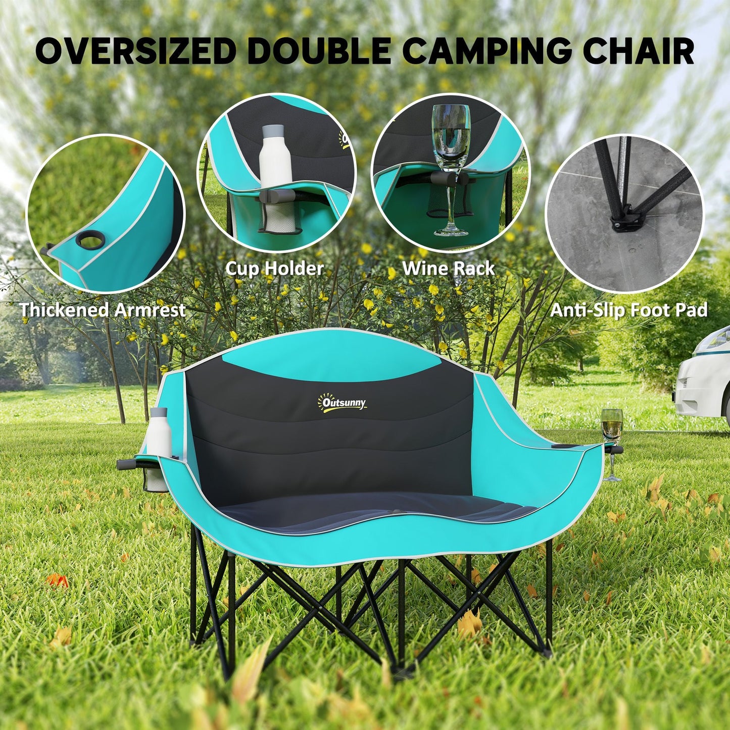 Padded Folding Camp Chair for Adults, Double Camping Chairwith Armrests, Cup Holders, Carry Bag for Outdoor, Green - Renee Lane Company