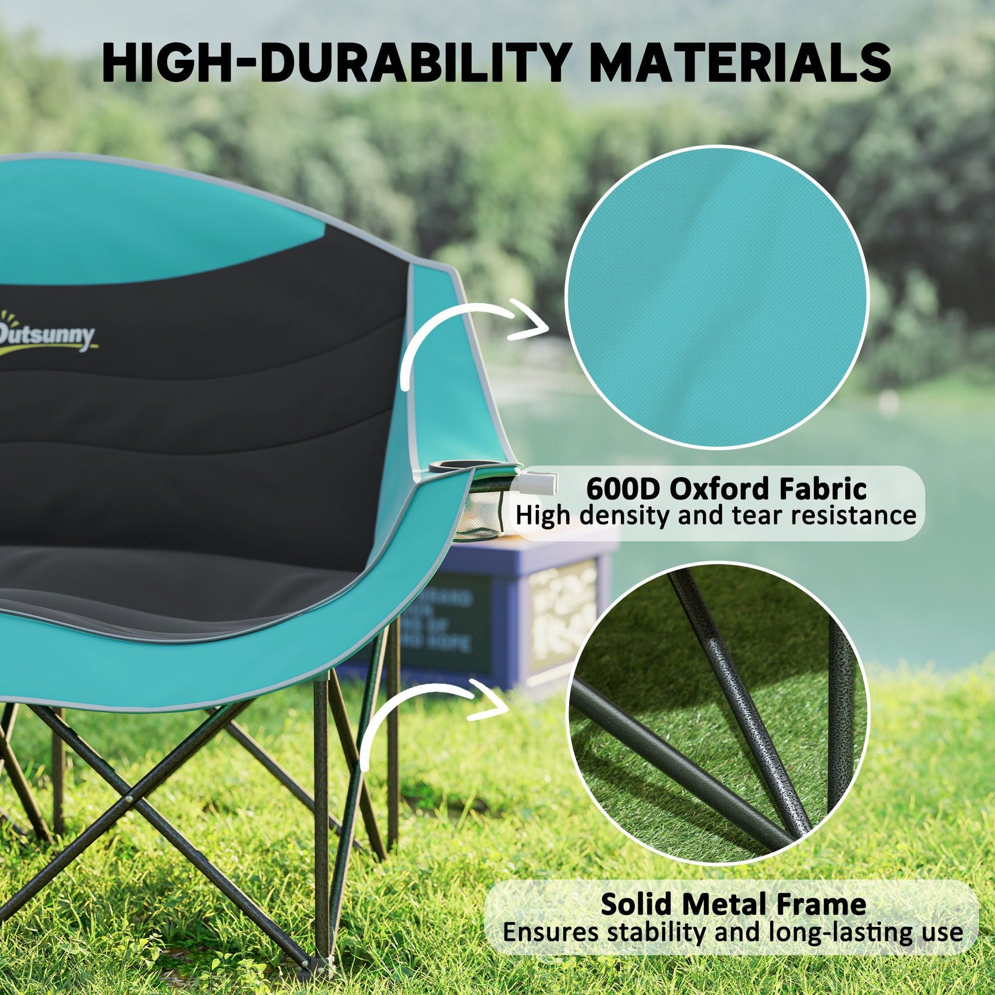 Padded Folding Camp Chair for Adults, Double Camping Chairwith Armrests, Cup Holders, Carry Bag for Outdoor, Green - Renee Lane Company