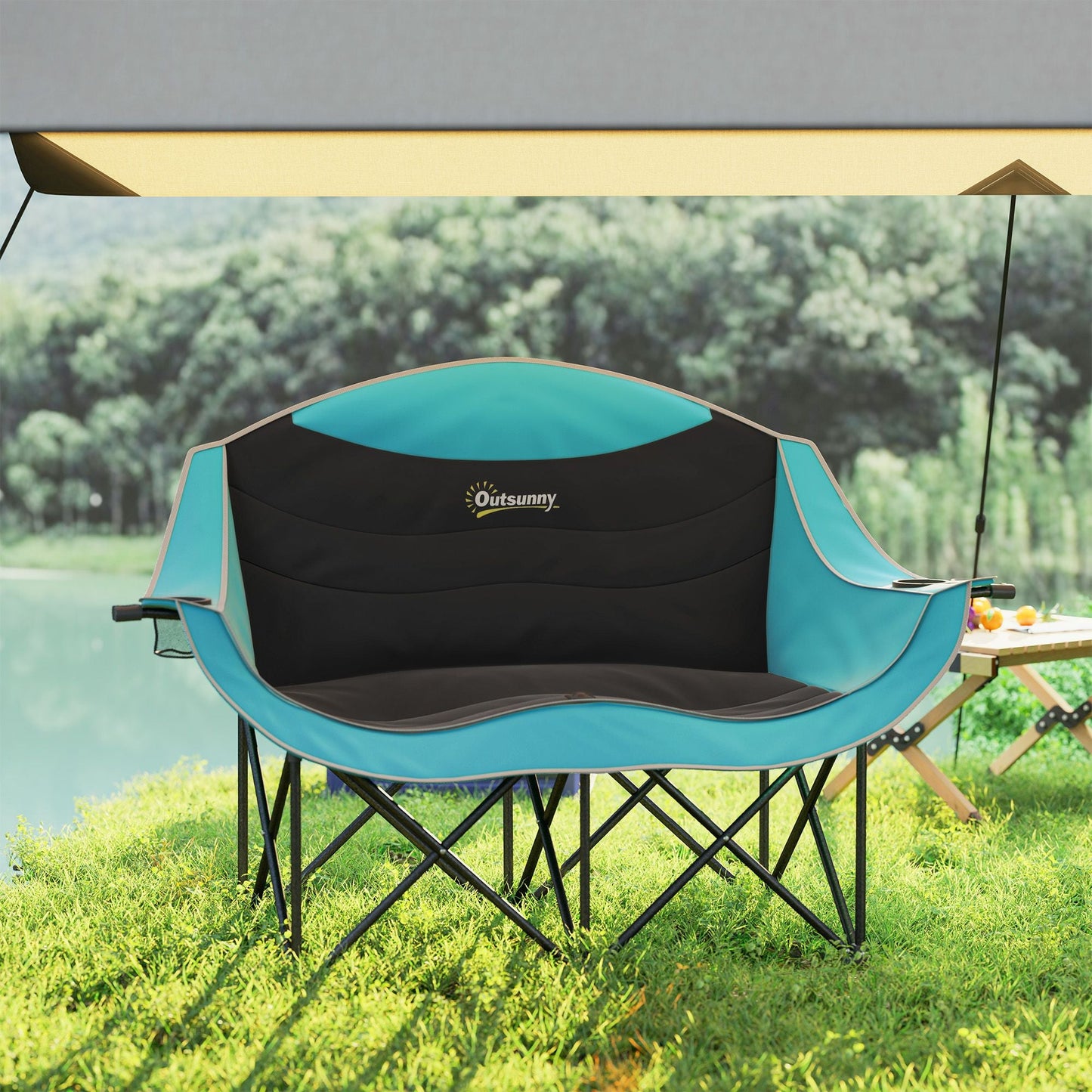 Padded Folding Camp Chair for Adults, Double Camping Chairwith Armrests, Cup Holders, Carry Bag for Outdoor, Green - Renee Lane Company