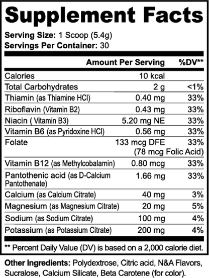 Supplement Facts label for hydration powder, showing nutrient amounts and %DV