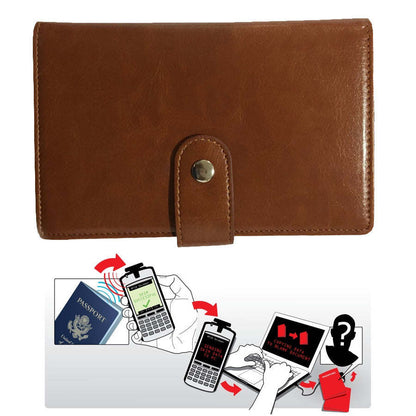 Brown passport wallet with snap closure and RFID protection graphic overlay