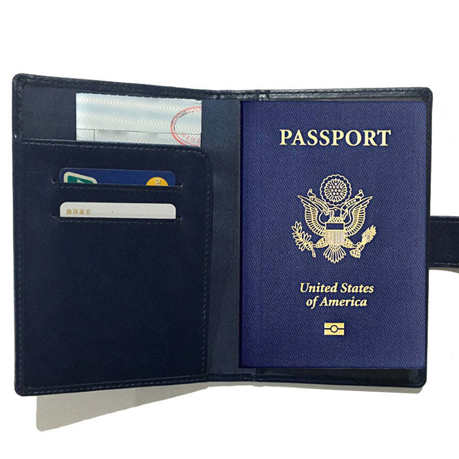 Black passport wallet open view with U.S. passport panel