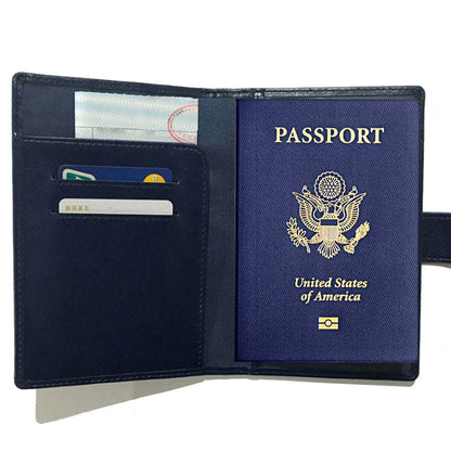 Black passport wallet open view with U.S. passport panel