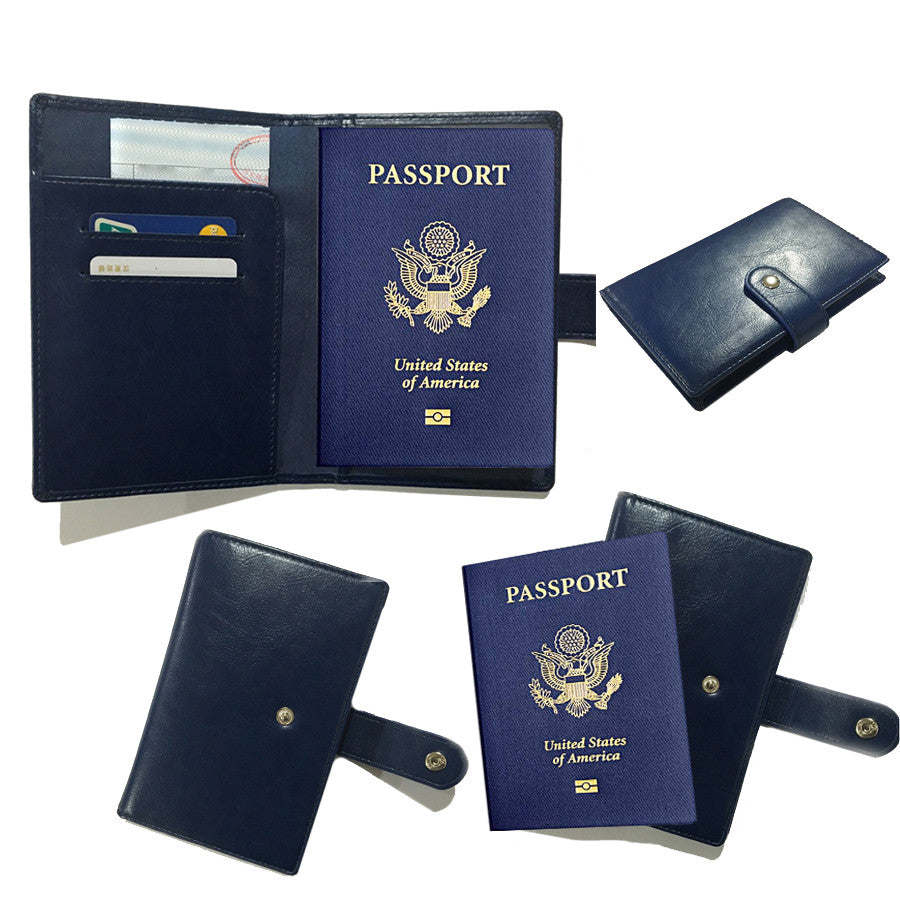 Dark blue passport wallet open and closed views with strap details