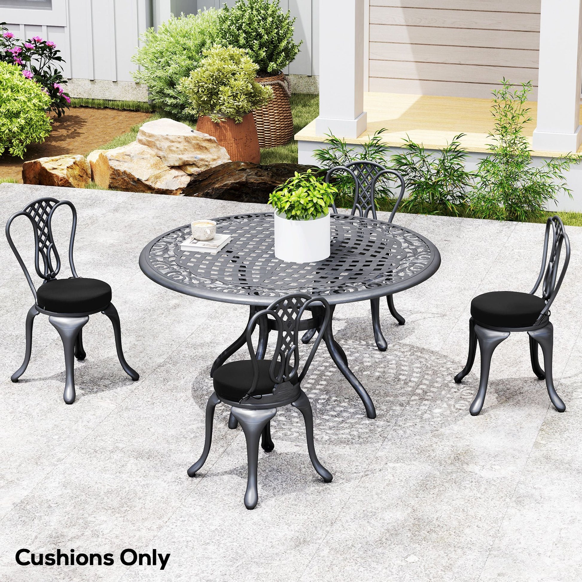 Patio Chair Cushions Set of 4 Round Seat Cushions for Dining Bistro Chairs Machine Washable, 15" x 15" x 3", Black - Renee Lane Company