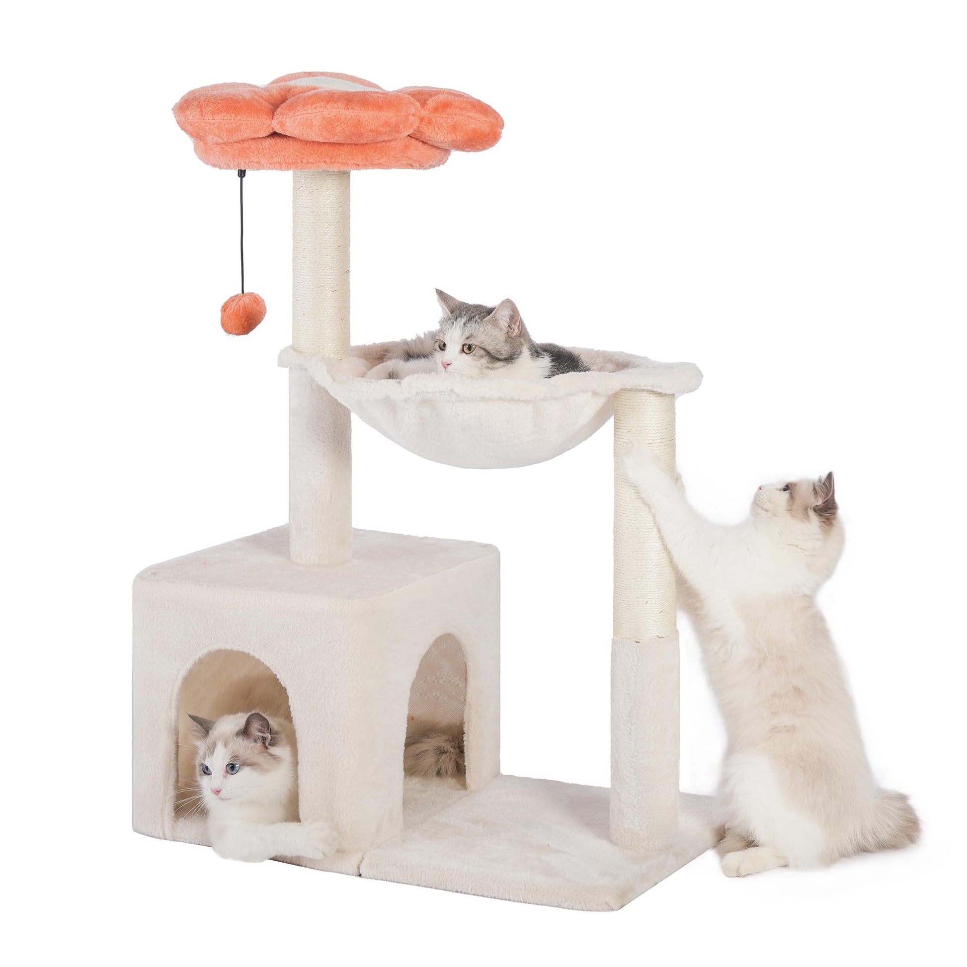 Pawfessor Flower Cat Tree 4 in 1 Cat Scratching Post for Indoor Cats 34" Small Cat Tower for Large Cats with Cat Scratch Posts15.7”Large Hammock Removable Perch and Wide Condo for Indoor Cats-Beige - Renee Lane Company