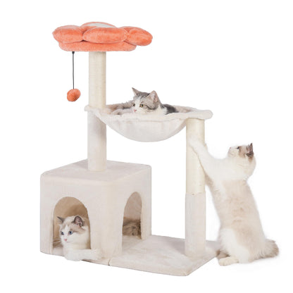 Pawfessor Flower Cat Tree 4 in 1 Cat Scratching Post for Indoor Cats 34" Small Cat Tower for Large Cats with Cat Scratch Posts15.7”Large Hammock Removable Perch and Wide Condo for Indoor Cats-Beige - Renee Lane Company