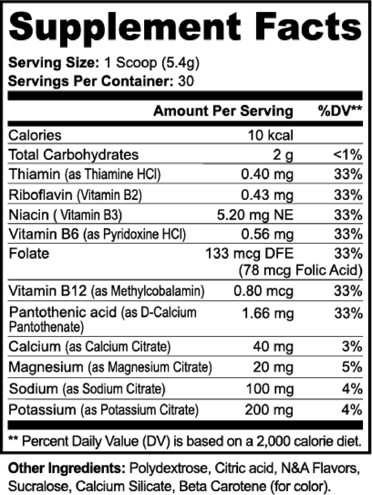 Supplement Facts label for hydration powder, serving size 1 scoop (5.4 g)