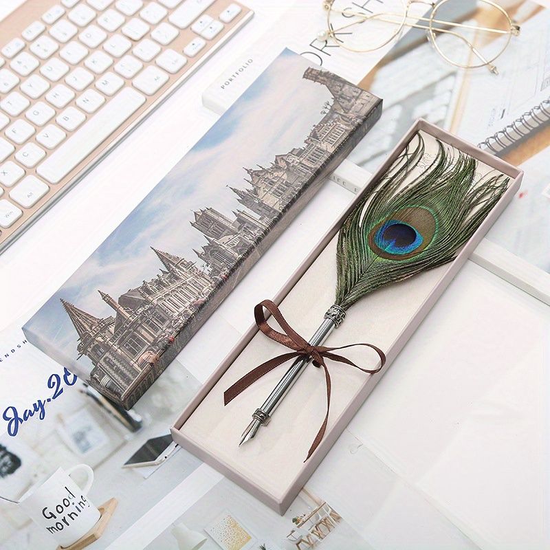 Peacock Feather Pen Dip Water Pen Feather Pen Adult Signature Pen Small Gift Box For Mom, Teacher And Classmates Holiday Gift - Renee Lane Company