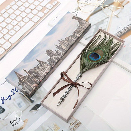 Peacock Feather Pen Dip Water Pen Feather Pen Adult Signature Pen Small Gift Box For Mom, Teacher And Classmates Holiday Gift - Renee Lane Company