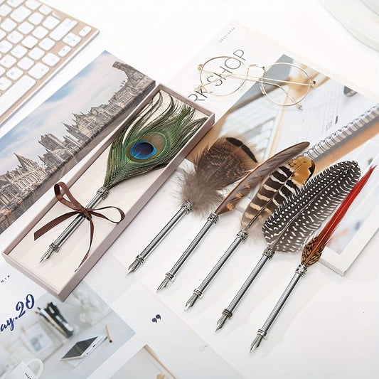 Peacock Feather Pen Dip Water Pen Feather Pen Adult Signature Pen Small Gift Box For Mom, Teacher And Classmates Holiday Gift - Renee Lane Company
