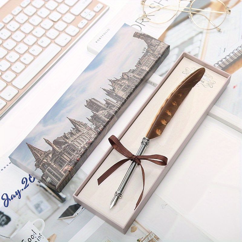 Peacock Feather Pen Dip Water Pen Feather Pen Adult Signature Pen Small Gift Box For Mom, Teacher And Classmates Holiday Gift - Renee Lane Company