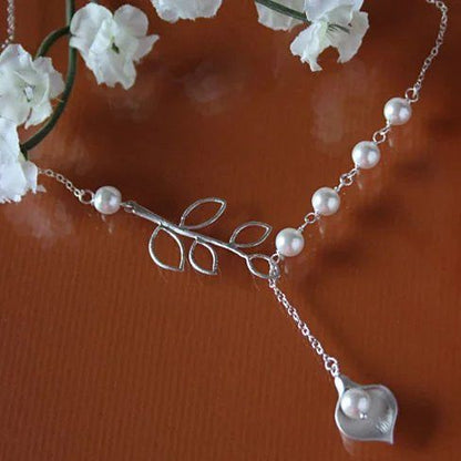 Pearly Lily Lariat Necklace in Sterling Silver and Real Pearl - Renee Lane Company