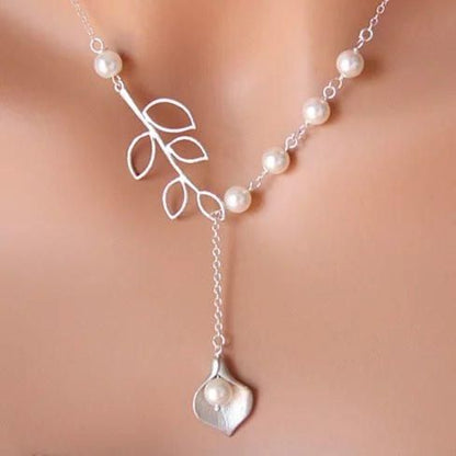 Pearly Lily Lariat Necklace in Sterling Silver and Real Pearl - Renee Lane Company
