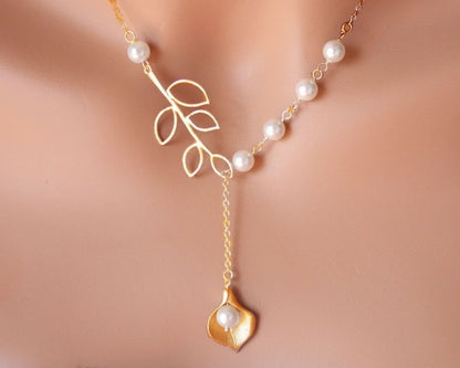 Pearly Lily Lariat Necklace in Sterling Silver and Real Pearl - Renee Lane Company