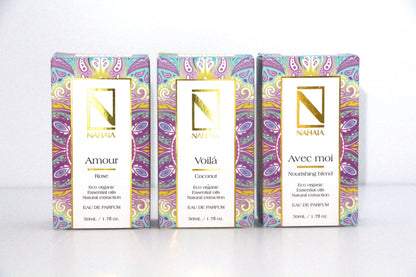 Natural Perfume Gift Set      3 × 1.76 fl oz Eau de Parfum A luxury trio of organic essential oil perfumes: Nourishing Blend, Rose, and Coconut. Natural, non-synthetic, sensual, and uplifting.