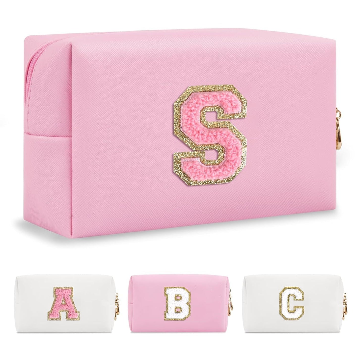 Personalized Initial A-Z Preppy Patch Makeup Bag,Small PU Leather Chenille Letter Cosmetic Bag with Zipper for Teen Girls,Pink Cute Travel Toiletry Bag,Birthday Monogrammed Gift for Daughter,Letter S - Renee Lane Company