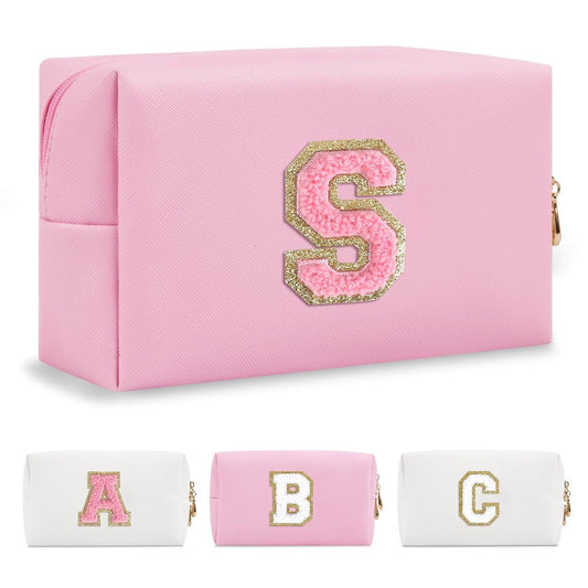 Personalized Initial A-Z Preppy Patch Makeup Bag,Small PU Leather Chenille Letter Cosmetic Bag with Zipper for Teen Girls,Pink Cute Travel Toiletry Bag,Birthday Monogrammed Gift for Daughter,Letter S - Renee Lane Company