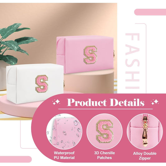 Personalized Initial A-Z Preppy Patch Makeup Bag,Small PU Leather Chenille Letter Cosmetic Bag with Zipper for Teen Girls,Pink Cute Travel Toiletry Bag,Birthday Monogrammed Gift for Daughter,Letter S - Renee Lane Company