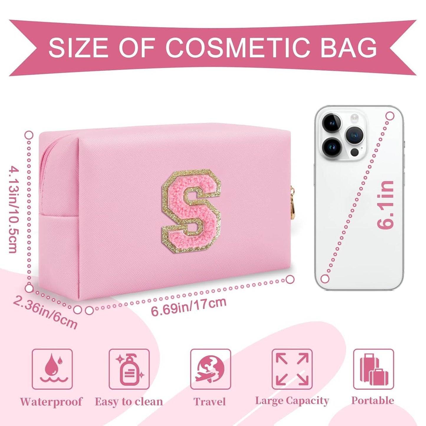 Personalized Initial A-Z Preppy Patch Makeup Bag,Small PU Leather Chenille Letter Cosmetic Bag with Zipper for Teen Girls,Pink Cute Travel Toiletry Bag,Birthday Monogrammed Gift for Daughter,Letter S - Renee Lane Company